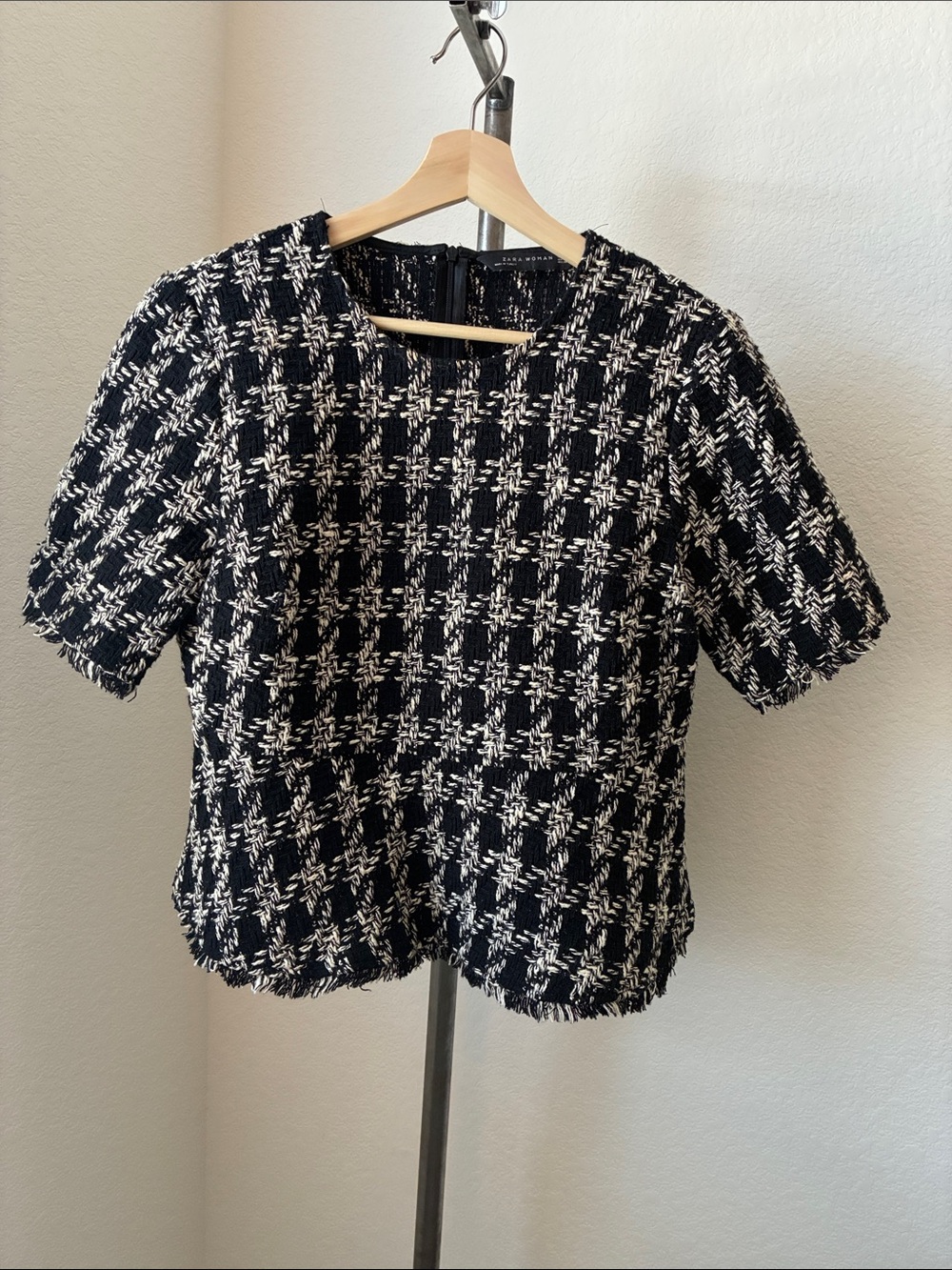 Zara Woman sz M Peplum Tweed Cropped Houndstooth Short Sleeve Top Office Goth